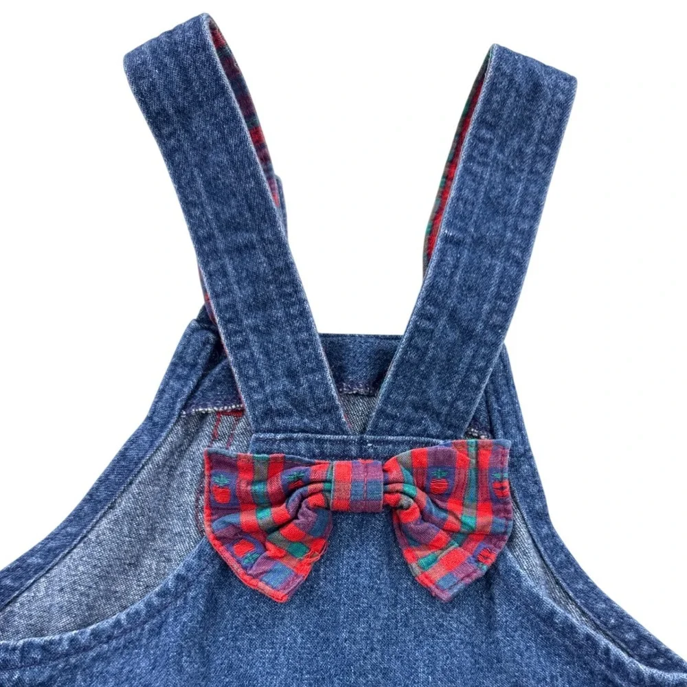 Vintage OshKosh B'gosh 2T Denim Jumper Dress Plaid‎ Bow USA Made Toddler Girl